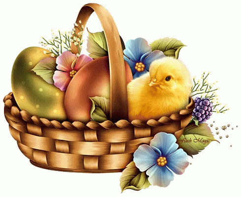 a painting of two blue birds and an egg in a basket