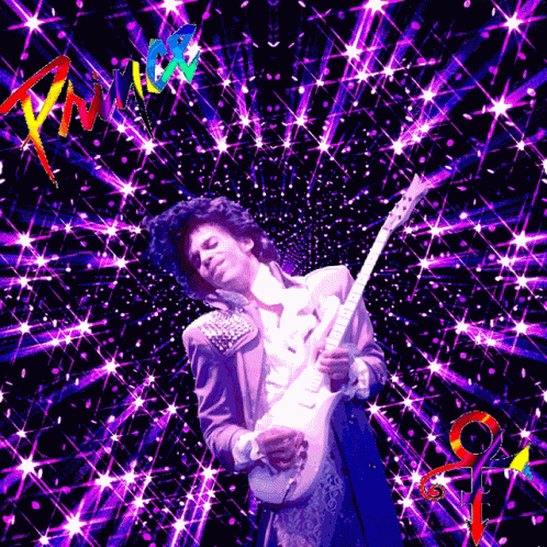 a man holding a guitar against a colorful background