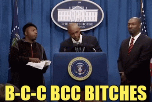 three men with their heads turned to the camera behind podiums in front of american flags, and the words b - c bcc bitches