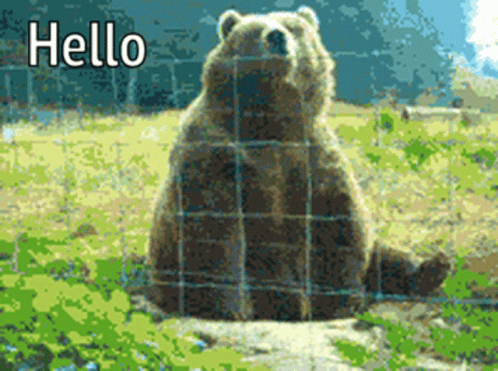 there is a bear sitting on the ground and the words hello are in green