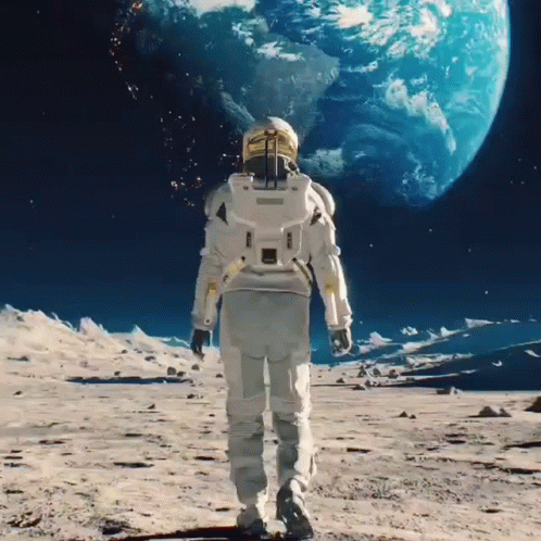 an astronaut is walking on a surface with planet in the background
