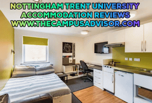 a po of an dorm room with text that reads, nohing in term university dorm review