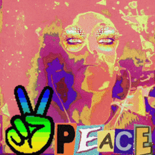 a poster with a peace sign on the right hand corner