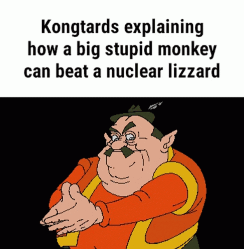 cartoon man with caption explaining how a big stupid monkey can beat nuclear wizard