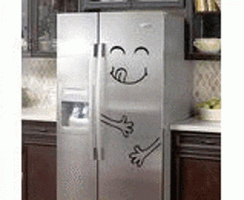 a white refrigerator with drawn face on the front and side door