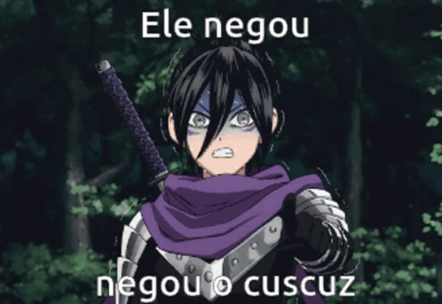 an anime avatar with a black hair, blue eyes and purple scarf