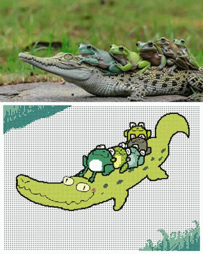 four different pictures that include two crocodiles and one alligator