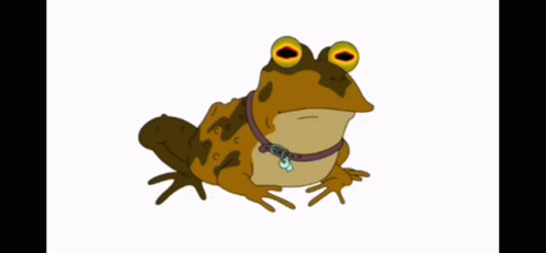 a frog with a collar on sits down