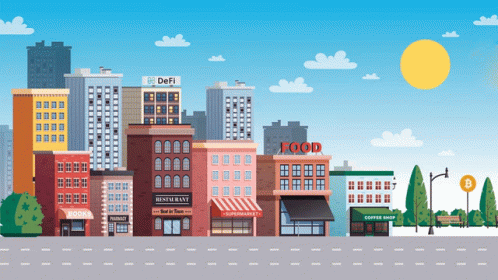 a cartoon view of a city from across the street