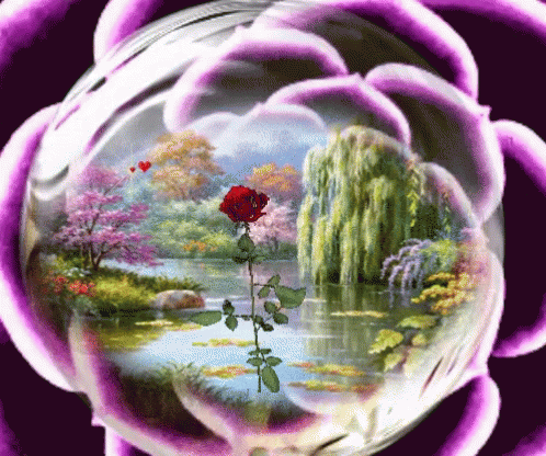 a circular view of flowers in the water
