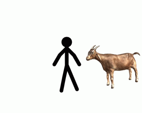 a blue goat and a man are standing next to each other