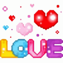 colorful text with love surrounded by hearts