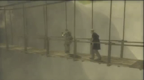 two people stand in the middle of a glass walled walkway
