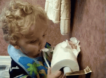 a toddler playing with some toilet paper