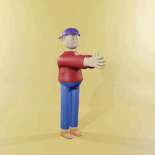 an animated man with orange pants and blue jacket