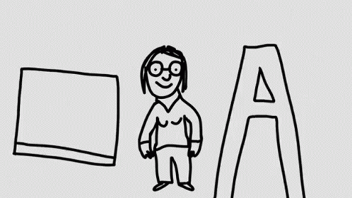 a cartoon drawing of a girl in glasses looking at a large art work