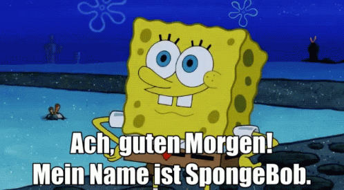 a cartoon picture of a sponge patty with the caption ach guten morgen mein name ist spongebob