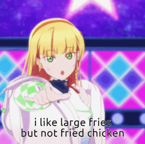 anime characters with the caption i like large fries but not fried chicken