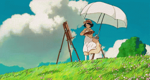 the image has an artistic drawing of a woman under an umbrella