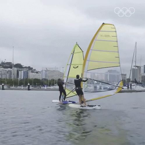 two people on boards holding sailboards on the water