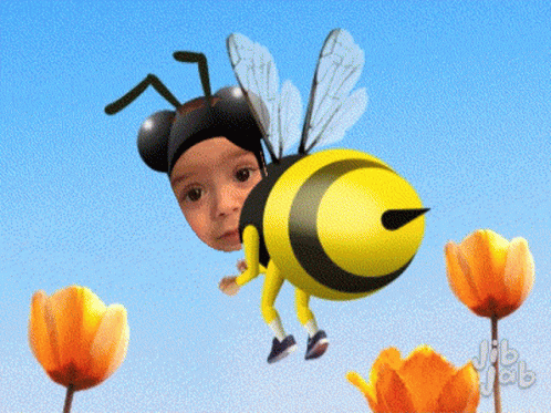 a painting of a blue and black bee with sunglasses on it's head flying next to some flowered plants