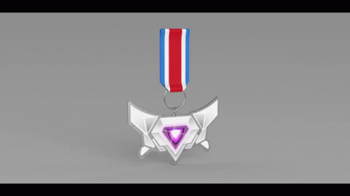 a metal medal with an red, white, and blue ribbon on it