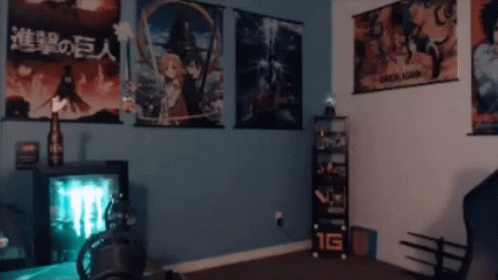 a room with several movies on the walls and video games on the desk