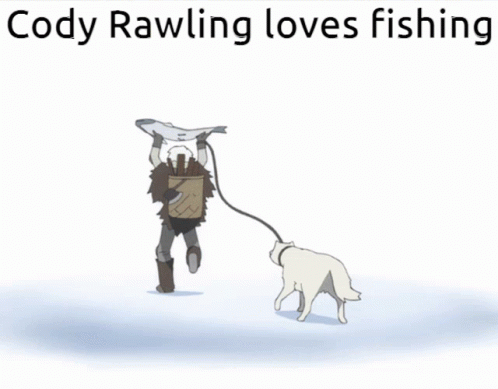 a person walking with two dogs next to the words gody raviing loves fishing