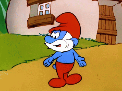 an animated fox wearing blue clothes with a house on his head