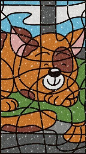 a stained glass bear is sitting behind a window