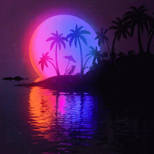 an island in the water with palm trees and colorful lights