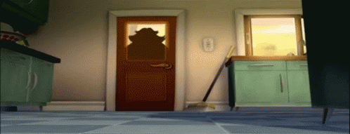 a silhouette of a hat is seen through the door frame