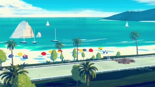 digital painting of beach area with sailboats, palm trees and mountains