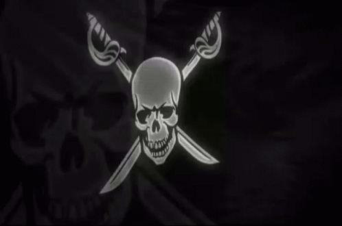 two white skulls and crossed swords are seen in this image