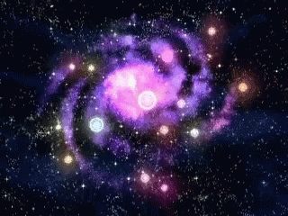 two spiral galaxy like objects, one pink and blue