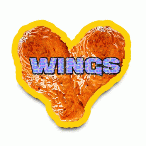 a blue sticker shaped like a heart with wings written below