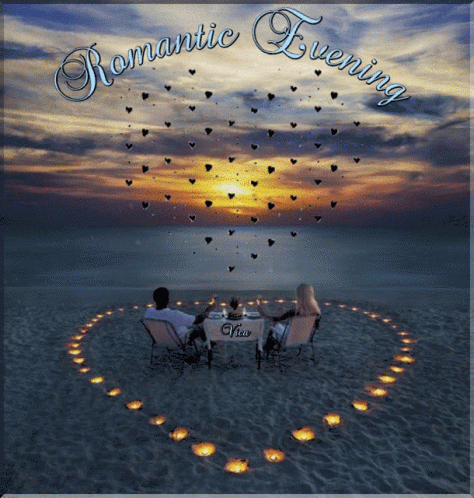 an advertit for romantic evening featuring two people sitting in chairs on beach