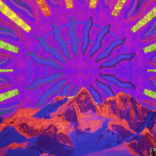 an image of a mountain view that looks very psychedelic