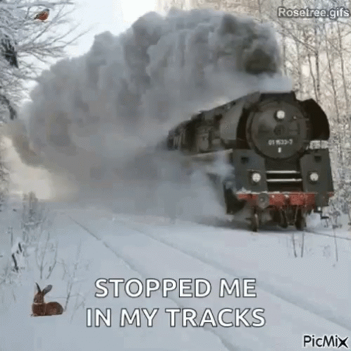a train kicking up smoke while it is rolling through the snow