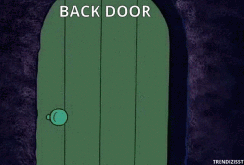 cartoon of green doorway with light coming through it with the word back door