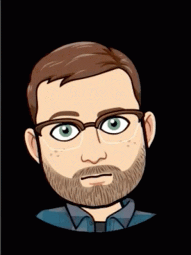 an animated man with glasses, with green eyes and a beard