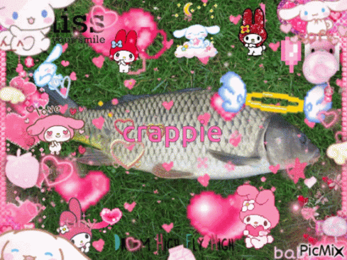 a fish on the ground surrounded by cartoon figures