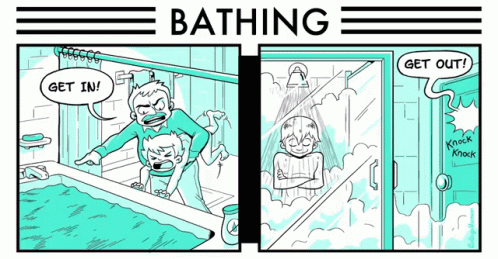 an illustrated comic strip with two cartoons of bathtub and toilet