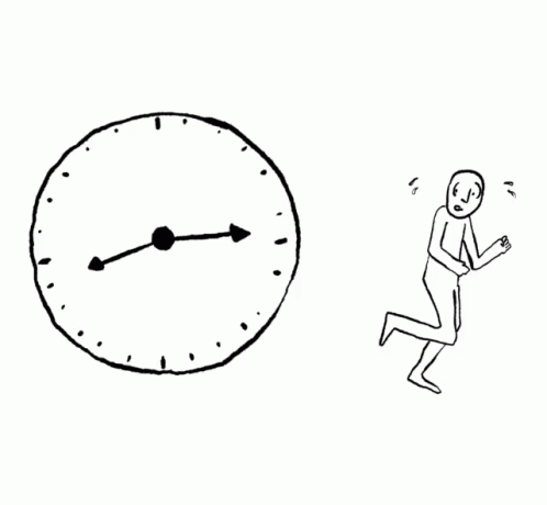 cartoon character walking towards a clock with stick man nearby
