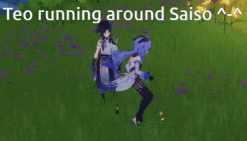 the text reads, to running around saiso a is surrounded by two woman in a grassy area