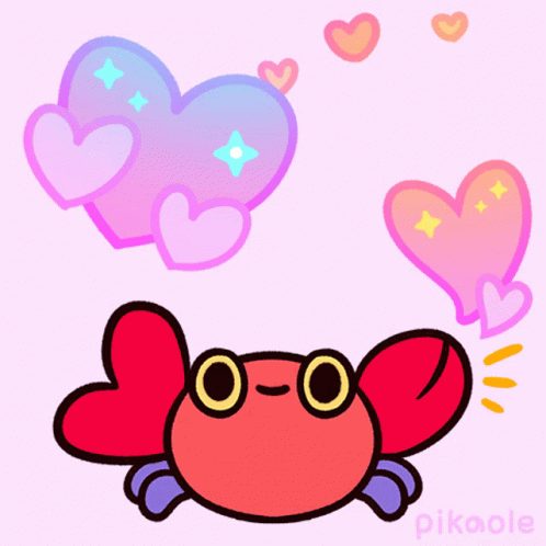 blue crab with hearts floating in the background