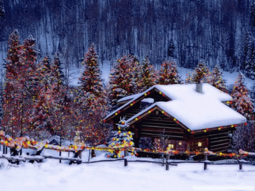 a wooden cabin with christmas lights on the roof is surrounded by evergreen trees and snow