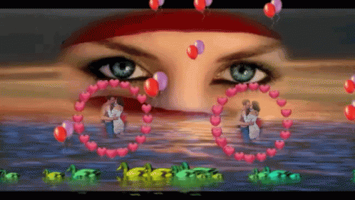 an animated image of a girl with large eyes and colorful decorations over her head