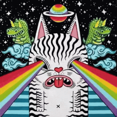 a psychedelic artwork on a dark background, it includes a cat with a saturn head in the center