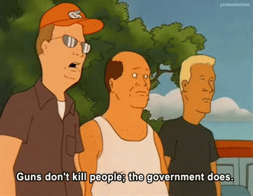 three people standing in front of a tree, with the caption guns don't  people at the government does